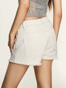 Rina Fox Women's Plain Frayed Hem Casual Denim Shorts For Summer - Apricot - View 2