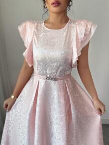 Elenzga Vestido de vacaciones de talla estándar para mujer, de cintura ajustada, con mangas acampanadas y volantes, de unicolor, elegante y de longitud media - Rosa - Ver 6