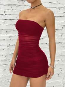 SHEIN EZwear Váy ngắn Bandeau nhún bèo gợi cảm mùa hè cho nữ - Màu Đỏ Sâu - Xem 5