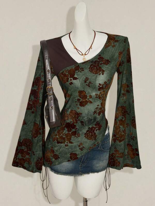 SHEIN ICON Women's Vintage Jacquar Going Out Retro Green Flocked Jacquard Criss-Cross Floral Print Flare Sleeve Fashion T-Shirt