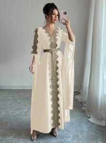 Rafferiza 中东风格女式拼布超长袖阿巴雅长袍，纯色蕾丝下摆长袍 - 杏色 - 查看 3