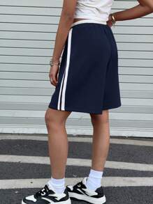 SHEIN Sporty American Street Style Campus Back To School Waistband Color Blocked Loose Shorts, Navy & White, Teen Girls - Navy Blue - View 2