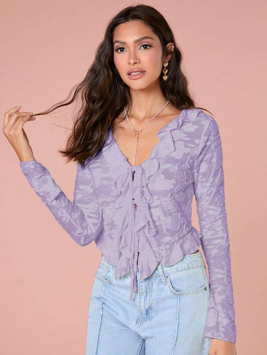 Enchnt 女士优雅纯色镂空荷叶边系带T恤