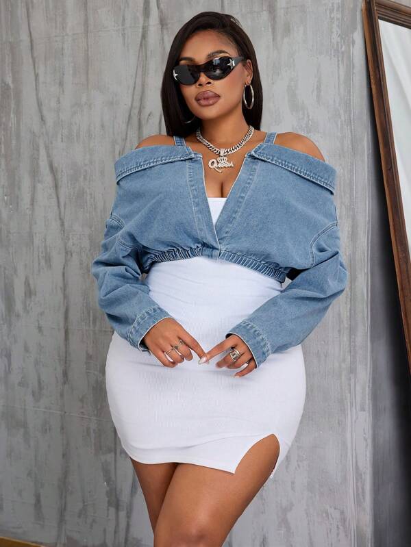SHEIN SXY Jachetă scurtă din denim, spălată la modă, cu umeri goi, mărime plus