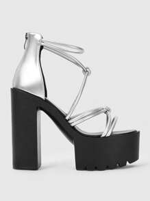 ROMWE Grunge Punk 女式厚底高跟交叉踝带银色凉鞋，哥特朋克风格圆头细带露趾时尚鞋，适合夏季、万圣节 - 銀色 - 查看 1