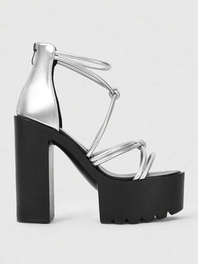 Grunge Punk Women's Thick Sole High Heel Criss-Cross Ankle Strap Silver Color Sandals, Gothic Punk Style Round Toe Thin Strap Open Toe Fashionable Shoes For Summer