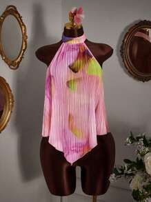 Amplova Floral Print Pleated Asymmetric Hem Tank Top - Multicolor - View 4