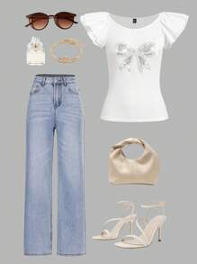 Ellevyn Summer Elegant Women's White Round Neck Pit Bar Bead Bow Stickers Double Layered Cap Sleeve Elastic Knitted T-Shirtfall Women Clothes Back To School Concert Outfits For Women Homecoming Office Outfits For Women Teacher Outfits For Women Night Out Brunch Outfits For Womencosplaychurch Outfits Womenbirthday Dresses For Women - White - View 1