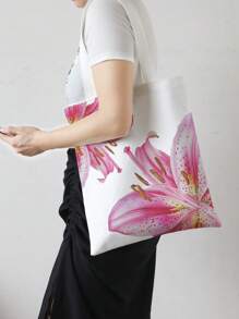 ROMWE Kawaii 1pc Double-Sided Floral Print Casual/Travel Tote Bag, 2 Large Flower Motifs, Pink - Multicolor - View 2