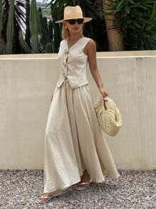 DAZY 2件套女士纯色无袖单排扣背心和半裙套装，春夏款 - 卡其色 - 查看 3