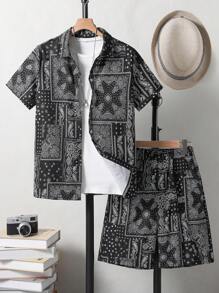 Teen Boy's 3pcs Short Sleeve Shirt, Vest And Shorts Set With Paisley Pattern, School, Campus, College