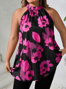SHEIN CURVE+ Plus Size Women Floral Print Ruching Halter Blousesummer/Country/Beach Vacation Outfits/Beach Outfits/Beach Wear - Multicolor - View 3