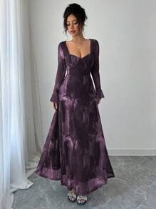 Modelyn 女式船领喇叭袖束腰飘逸扎染网眼优雅印花连衣裙 - 紫色 - 查看 3