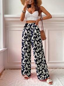 SHEIN VCAY Women's Casual Vacation Style Black & White Polka Dot Pattern Wide Leg Pants, Suitable For Summer & Vacation Fall Clothes Winter Clothes