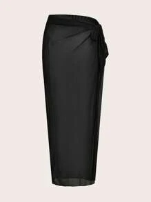 Swim Oasis 1 件女式纯色荷叶边连体泳衣，带纱笼裙，适合海滩/度假