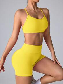 Core Rhythm Conjunto de top de camiseta sin costuras y shorts para ropa deportiva, diseño de tirantes, cintura alta control de abdomen, apto para yoga/gimnasio/correr - Amarillo - Ver 3
