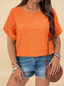 Travachic Plus Size Vacation Batwing Sleeve Textural Round Neck Shirt - Orange - View 3