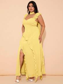 SHEIN BAE 大码女式优雅绿色长款高开叉荷叶边下摆连衣裙，适合春夏季日常穿着，雪纺层叠荷叶边胸罩杯结构吊带长裙，海滩度假连衣裙，演唱会连衣裙，婚礼宾客连衣裙 - 黃色 - 查看 7