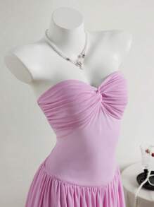 SHEIN Unity Women's Simple Mesh See-Through Pink Mini Dress With Twist Bust Decor, Sexy Bandeau Top - Pink - View 4