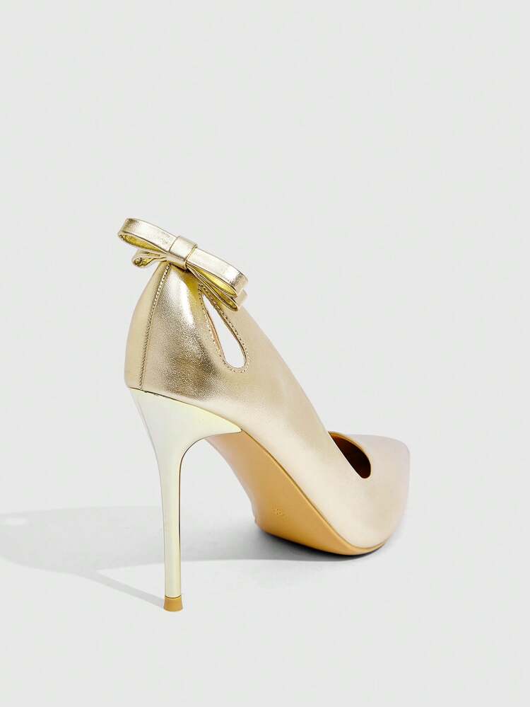 CUCCOO SZL Classic Fashion Bowknot Hollow High Heel Pumps, Gold Color For Christmas Spring Shoes