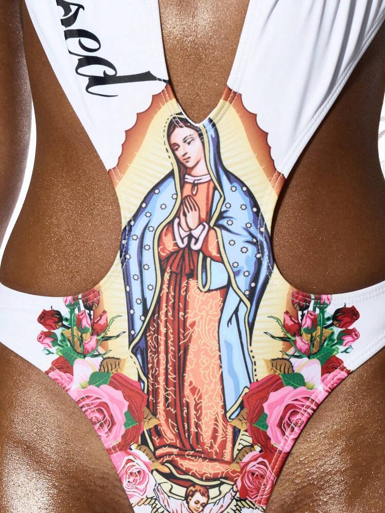SUMWON WOMEN Graphic Print High Cut Cross Script Back One Piece