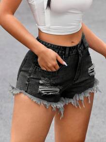 SHEIN PETITE Women's Casual Frayed Ripped Pocket Denim Shorts - Black - View 3
