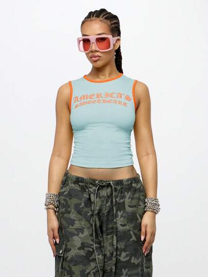 SUMWON WOMEN 无袖图案背心夏季节日运动休闲短款上衣修身罗纹街头装舒适 Y2K 美学少女健身运动休闲衬衫