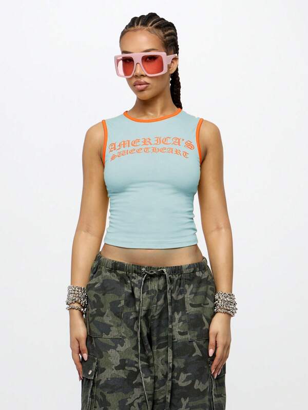 SUMWON WOMEN Áo ba lỗ họa tiết lễ hội mùa hè Áo crop top thể thao bó sát đường phố thoải mái Y2K thẩm mỹ cho bé gái tuổi teen tập luyện Áo sơ mi thường ngày