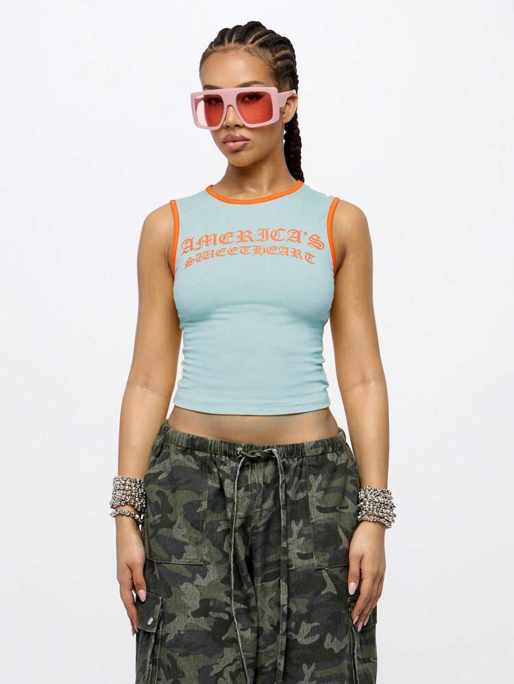 SUMWON WOMEN Fitted Ribbed Sleeveless Graphic Tank Top