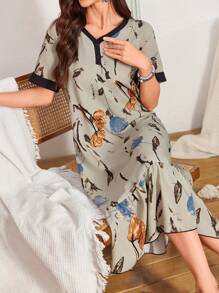 SHEIN Green Floral Print Women's Romantic Long Nightgown, Perfect For Summer, Moo Moo - Dark Green - View 1