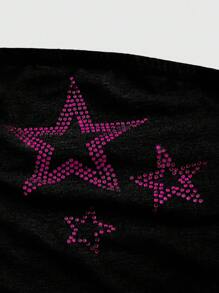 ROMWE Grunge Punk Top corto con decoración de strass de estrella en gris y negro para mujer sin tirantes