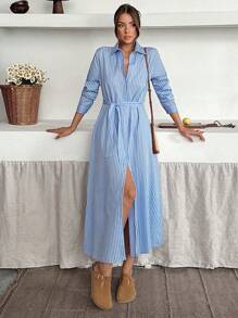Vestido camisa de manga larga con botones y rayas casual