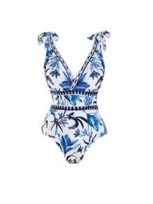 Swim Oasis Plus Size Women 2 Pieces High-End "Oasis" Set: V-Neck One-Piece Swimsuit With Blue & White Floral Print, Paired With Matching Floral Print Maxi Skirt, Suitable For Summer Beach Vacation