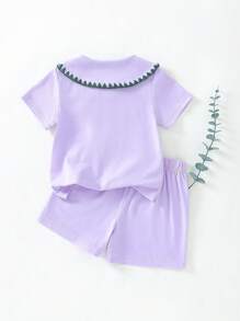 SHEIN 2pcs Baby Girls' Cute Floral Embroidered Collar Blouse And Shorts Set, Spring & Summer - Purple - View 2