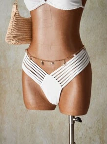 SHEIN ICON Women's White Knitted Bikini Set With Spaghetti Straps And Tie Back Detailing For A Chic Beach Look - White - View 5