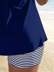 Swim Lushoire Women Patchwork Striped Tankini Swimsuit Set For Summer Beach Vacation - Navy Blue - View 3