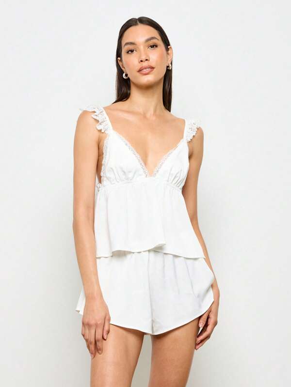 AiiRZ Lace Trim Empire Waist Cami Top And Shorts Pajama Set Ruffle Shoulder Nightwear Sleepwear Lounge Summer Collection Bedtime Relaxation