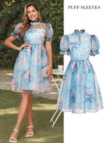 Ellevyn 女式高领荷叶边灯笼袖蓝色欧根纱泡泡裙，优雅日常穿着浪漫时尚修身春夏连衣裙 - 彩色 - 查看 1