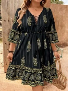 Breezaya Robe courte oversize à col en V, imprimé cachemire et fleurs Hera, avec lien et franges