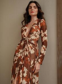 Anewsta 优雅珊瑚红针织连衣裙，腰带系带，浪漫海滩，节日，女士假日服装，春夏秋季 - 棕色 - 查看 1