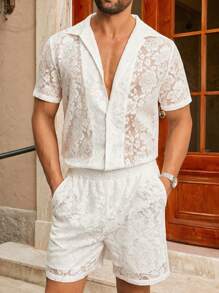 HIMLAND 2件套轻质镂空纯色梭织短袖衬衫套装，夏季蕾丝衬衫男士夏季两件套男士