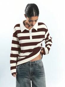 Maija Women's Brown & Beige Striped Casual Long Sleeve Button Front Loose Versatile Simple T-Shirt Top, Suitable For Vacation, Business Casual, City Commute, Cute Blouse - Coffee Brown - View 4