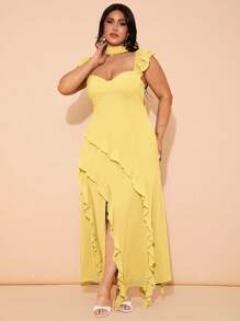 SHEIN BAE 大码女式优雅绿色长款高开叉荷叶边下摆连衣裙，适合春夏季日常穿着，雪纺层叠荷叶边胸罩杯结构吊带长裙，海滩度假连衣裙，演唱会连衣裙，婚礼宾客连衣裙 - 黃色 - 查看 6