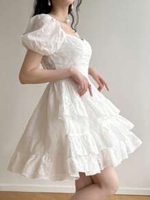 Modelyn Romantic Embroidery Ruffle Hem Women Mini Dress, White Dress For Graduation, Summer Dresses For Women, Birthday Dresses For Women, Flowy Dress, Graduation Dresses, Embroidered Dress, White Dress For Graduation - White - View 5