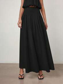 Maija 2025 秋季女士黑色优雅纯色褶皱 A 字裙，女士教师制服办公室休闲 - 黑色 - 查看 1