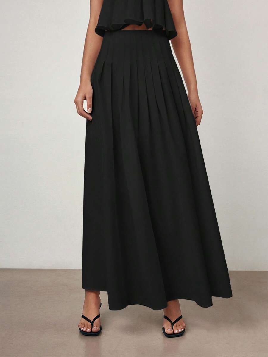 Maija 2025 秋季女士黑色优雅纯色褶皱 A 字裙，女士教师制服办公室休闲 - 黑色 - 查看 1