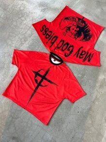 Manfinity EMRG Men Street Fashion Casual Summer Letter & Angel Demon Print Batwing Sleeve Loose T-Shirt Men Christian Graphic Tees For Men - Red - View 4