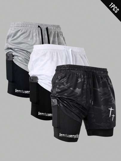 Manfinity Sport Corelite Pantalones cortos deportivos con estampado de letras y cordón ajustable en la cintura para hombres, pantalones cortos para ciclismo, pantalones cortos para correr en verano