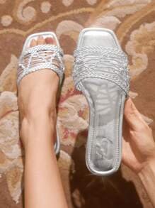 CUCCOO TILAWA Women's Fashion Square Toe Casual Woven Mesh Open Toe Slide Sandals, Comfortable Flat Outdoor Lady Slippers - Silver - View 4