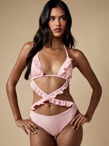 MISSGUIDED 夏季荷叶边细节连体泳衣 裹身式海滩泳池度假泳衣 - 粉色 - 查看 1